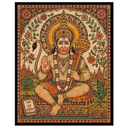 Immerse yourself in the divine presence of Lord Hanuman, depicted with vibrant floral motifs in for residence