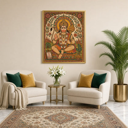 Immerse yourself in the divine presence of Lord Hanuman, depicted with vibrant floral motifs in for Sitting Lounge