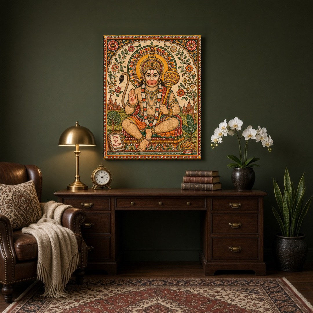 Immerse yourself in the divine presence of Lord Hanuman, depicted with vibrant floral motifs in for Study