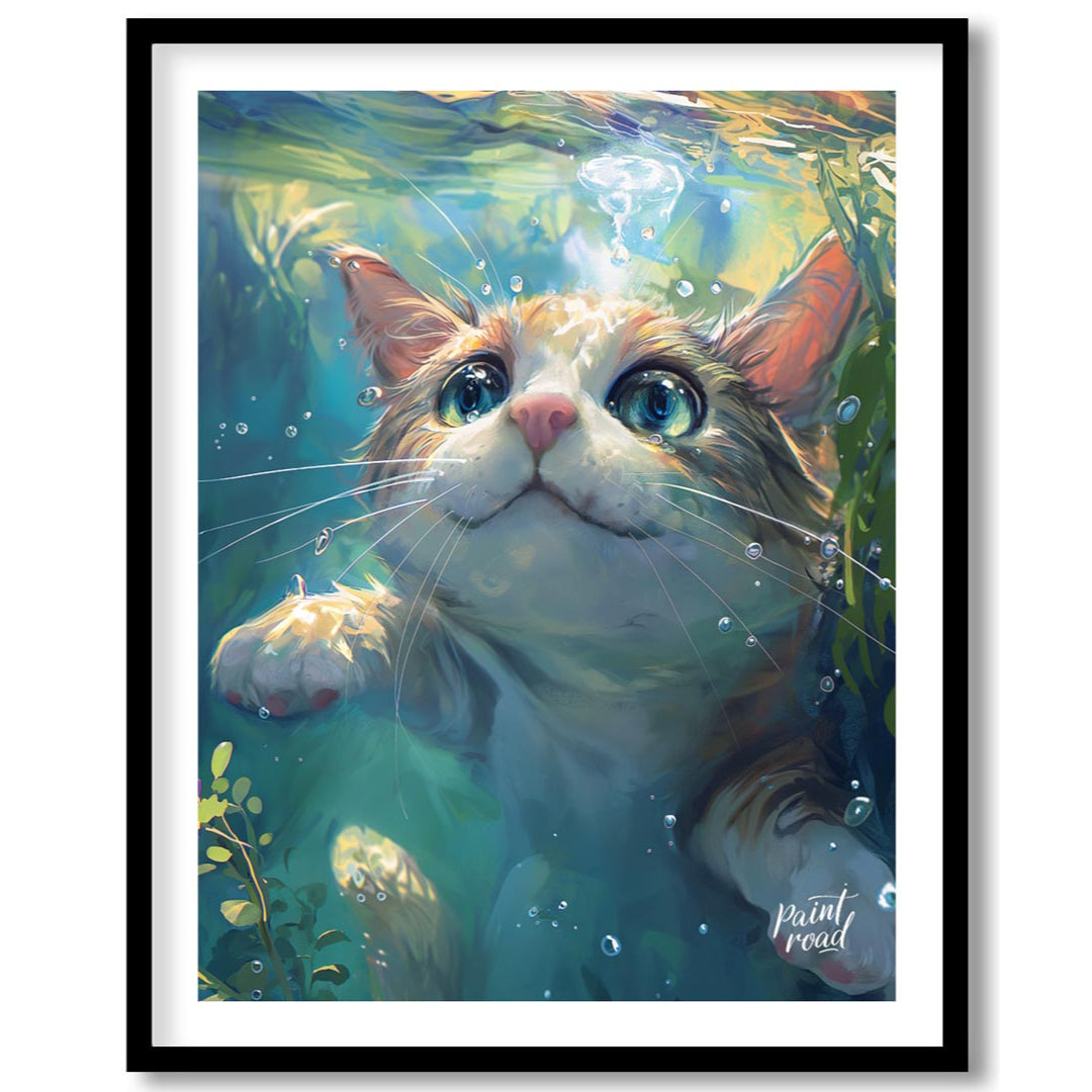 This close-up digital painting features a ginger and white cat submerged underwater, looking upward… for abode