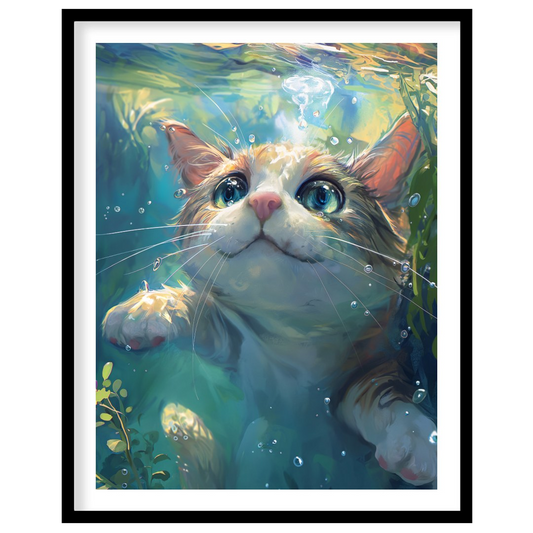 This close-up digital painting features a ginger and white cat submerged underwater, looking upward… for abode