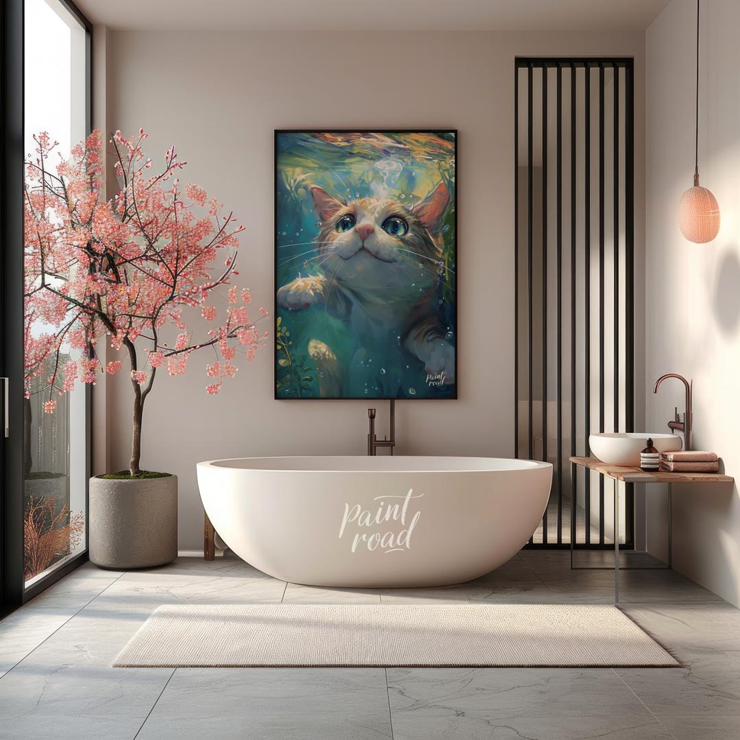 This close-up digital painting features a ginger and white cat submerged underwater, looking upward… for bathroom