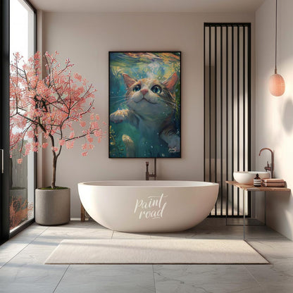 This close-up digital painting features a ginger and white cat submerged underwater, looking upward… for bathroom