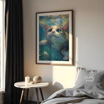 This close-up digital painting features a ginger and white cat submerged underwater, looking upward… for bedroom
