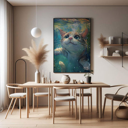 This close-up digital painting features a ginger and white cat submerged underwater, looking upward… for dining room