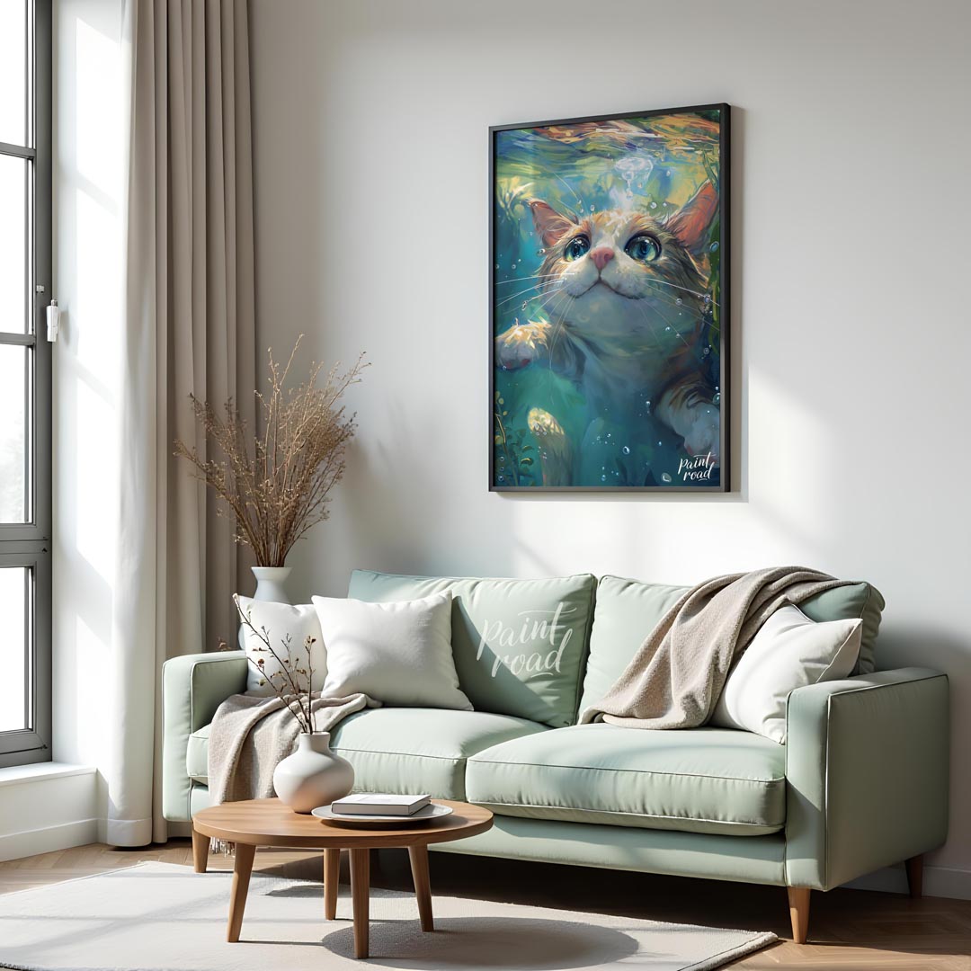 This close-up digital painting features a ginger and white cat submerged underwater, looking upward… for living room