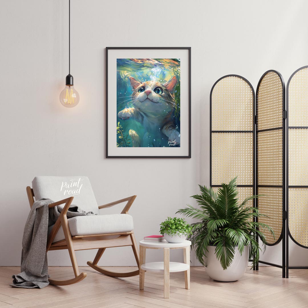 This close-up digital painting features a ginger and white cat submerged underwater, looking upward… for living room