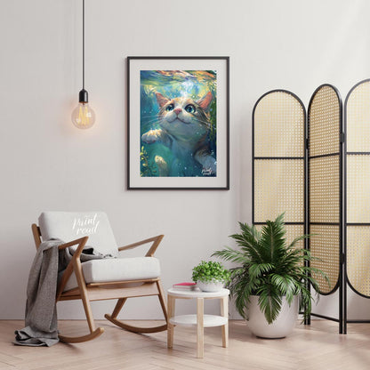 This close-up digital painting features a ginger and white cat submerged underwater, looking upward… for living room