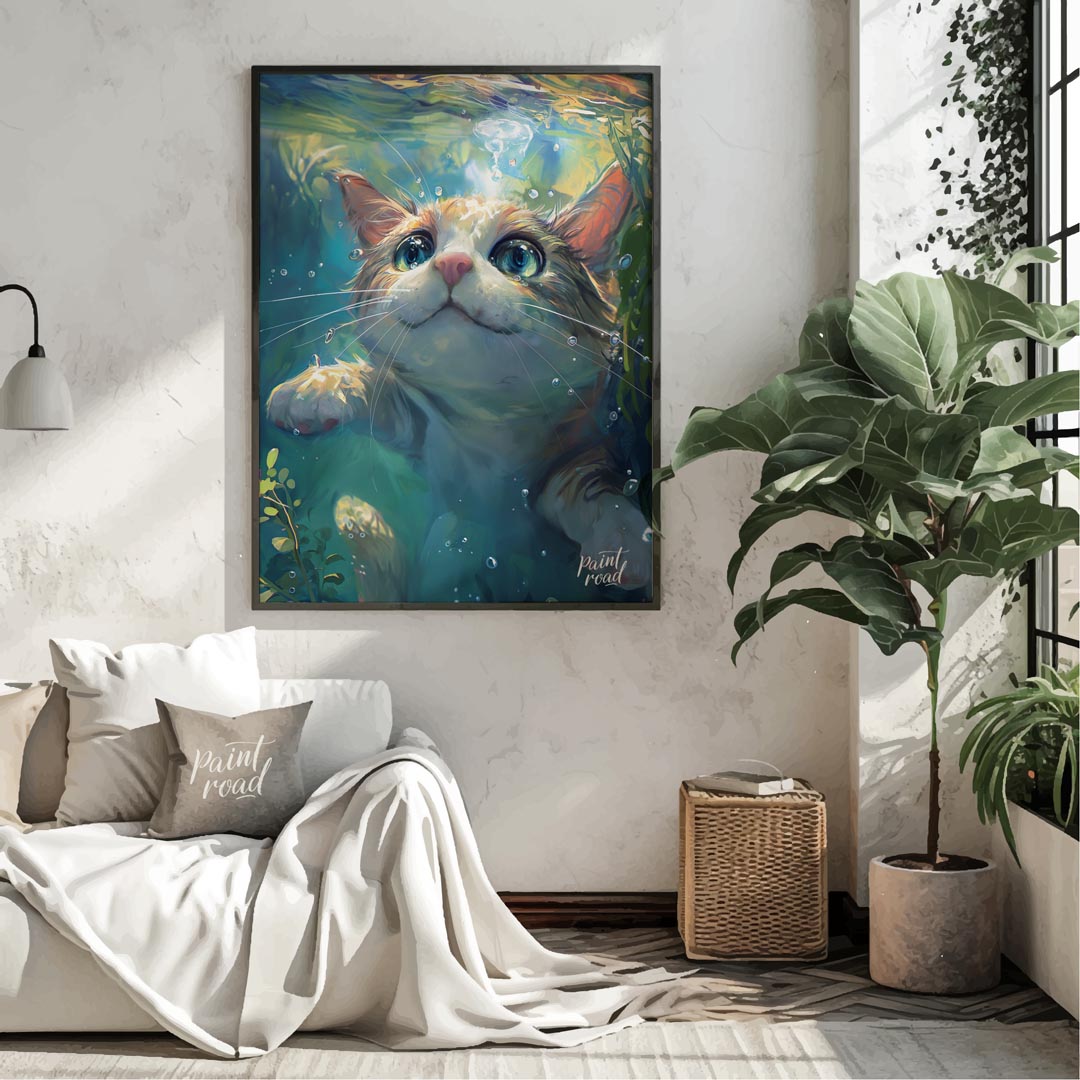 This close-up digital painting features a ginger and white cat submerged underwater, looking upward… for living room
