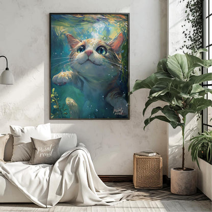 This close-up digital painting features a ginger and white cat submerged underwater, looking upward… for living room