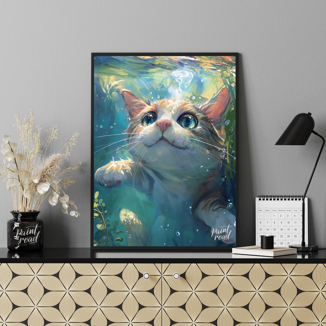 This close-up digital painting features a ginger and white cat submerged underwater, looking upward… for office