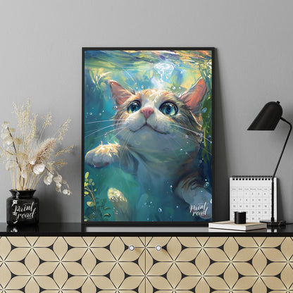 This close-up digital painting features a ginger and white cat submerged underwater, looking upward… for office