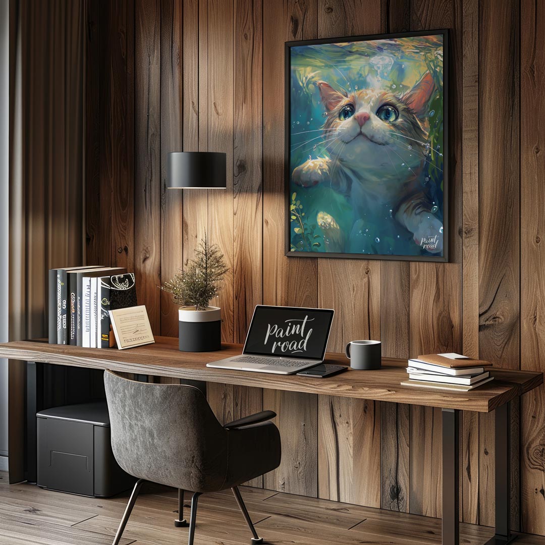This close-up digital painting features a ginger and white cat submerged underwater, looking upward… for office