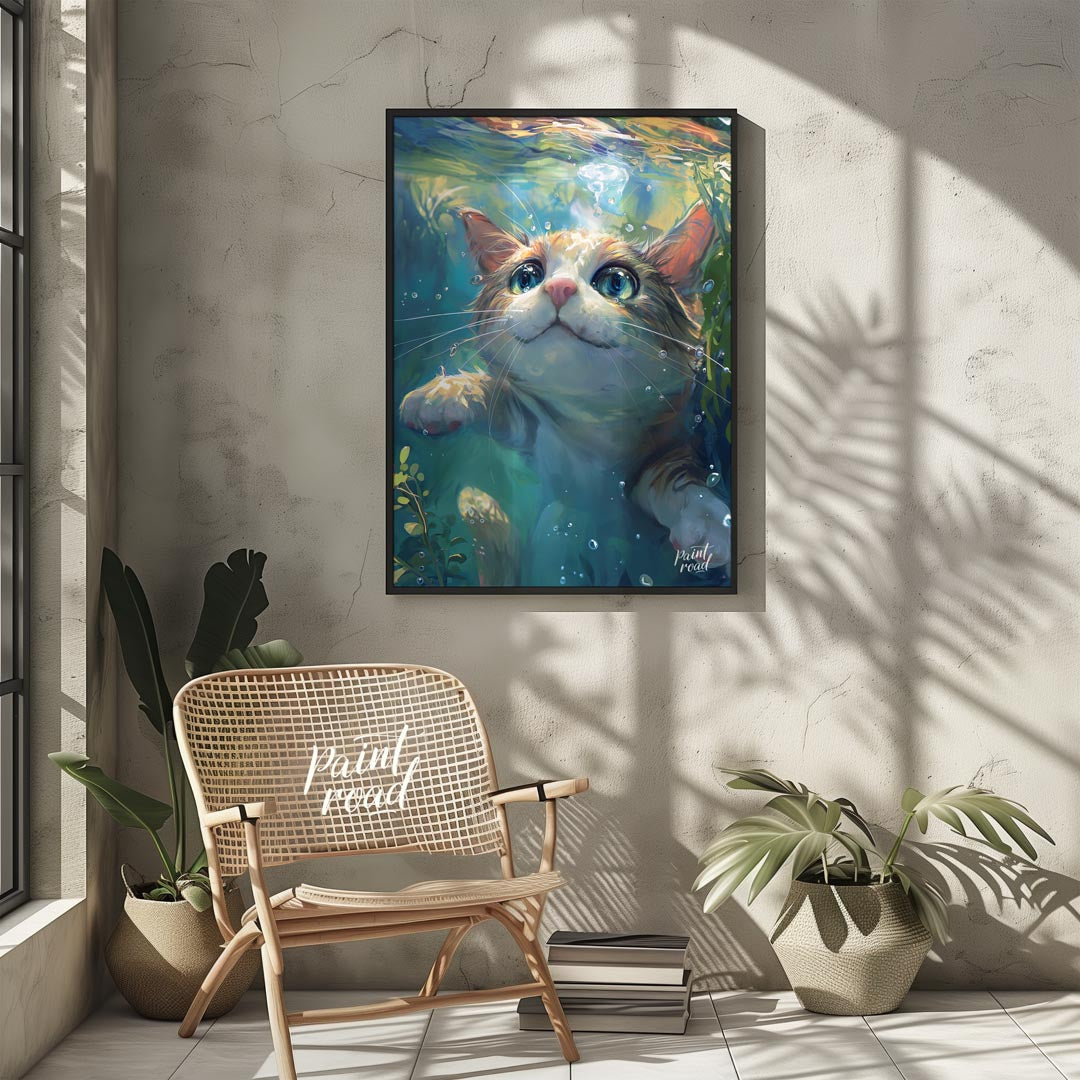 This close-up digital painting features a ginger and white cat submerged underwater, looking upward… for other