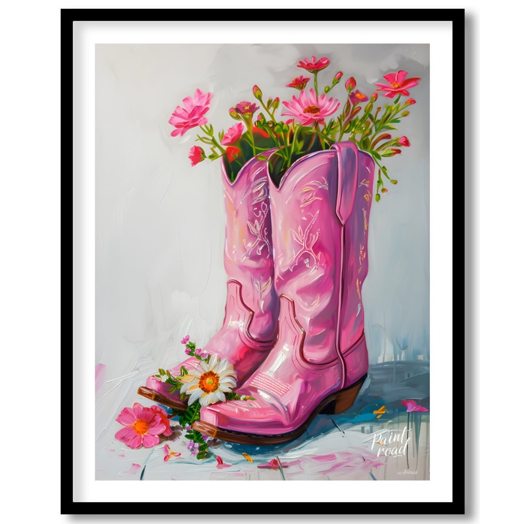This beautiful painting playfully blends rustic charm with feminine elegance. A pair of pink cowboy… for area