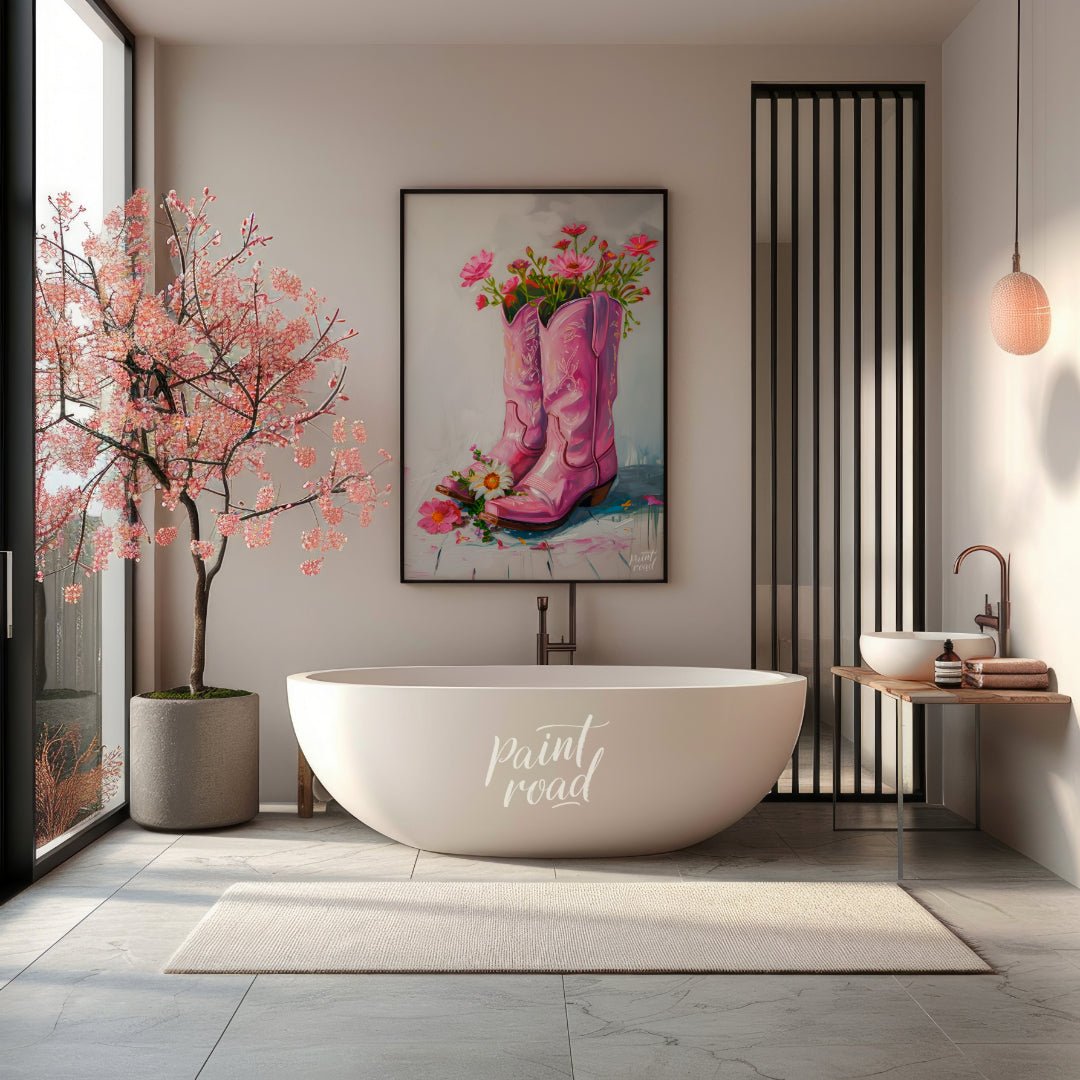 This beautiful painting playfully blends rustic charm with feminine elegance. A pair of pink cowboy… for bathroom