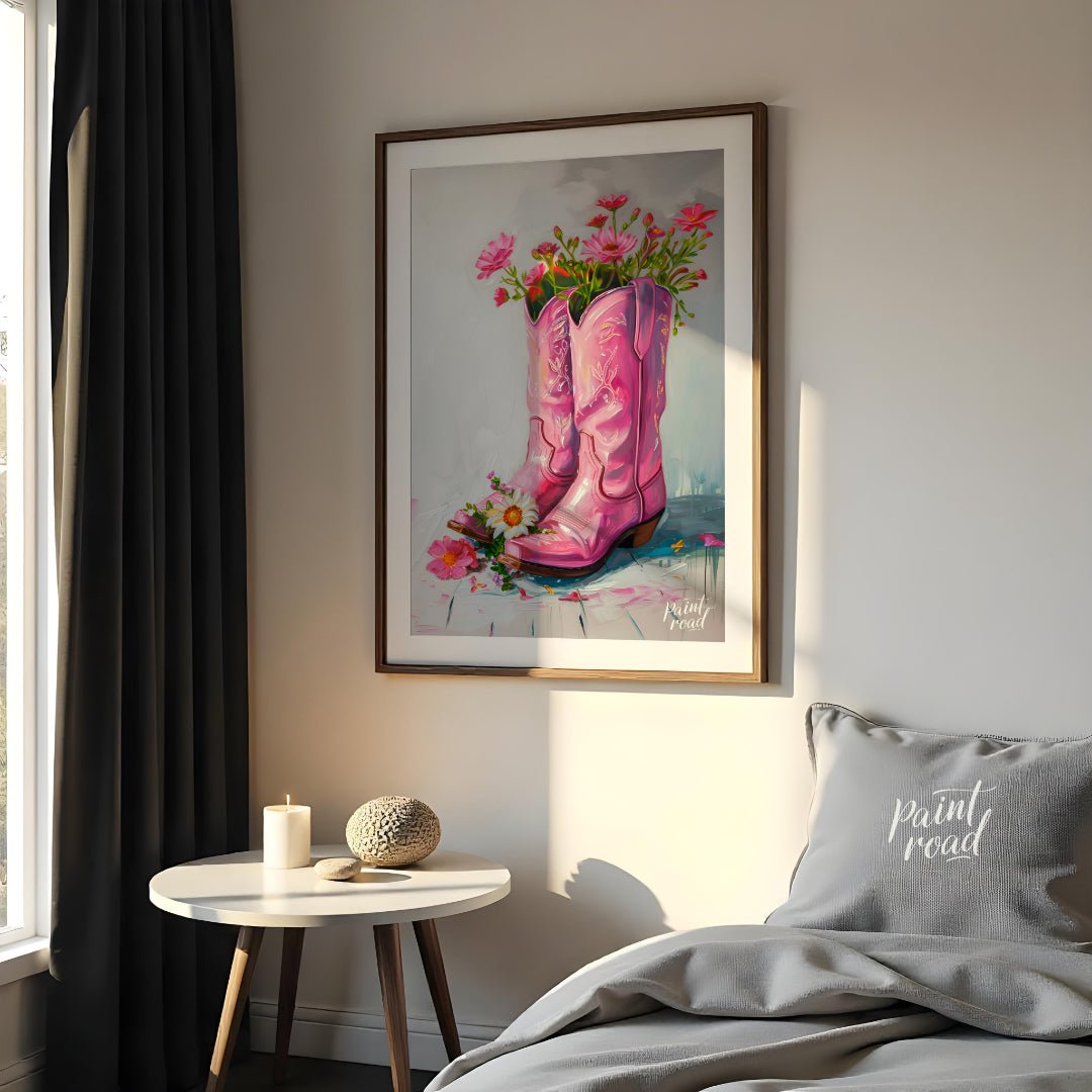 This beautiful painting playfully blends rustic charm with feminine elegance. A pair of pink cowboy… for bedroom