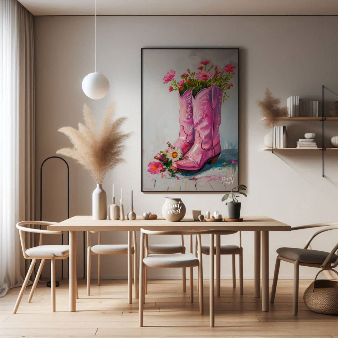 This beautiful painting playfully blends rustic charm with feminine elegance. A pair of pink cowboy… for dining room