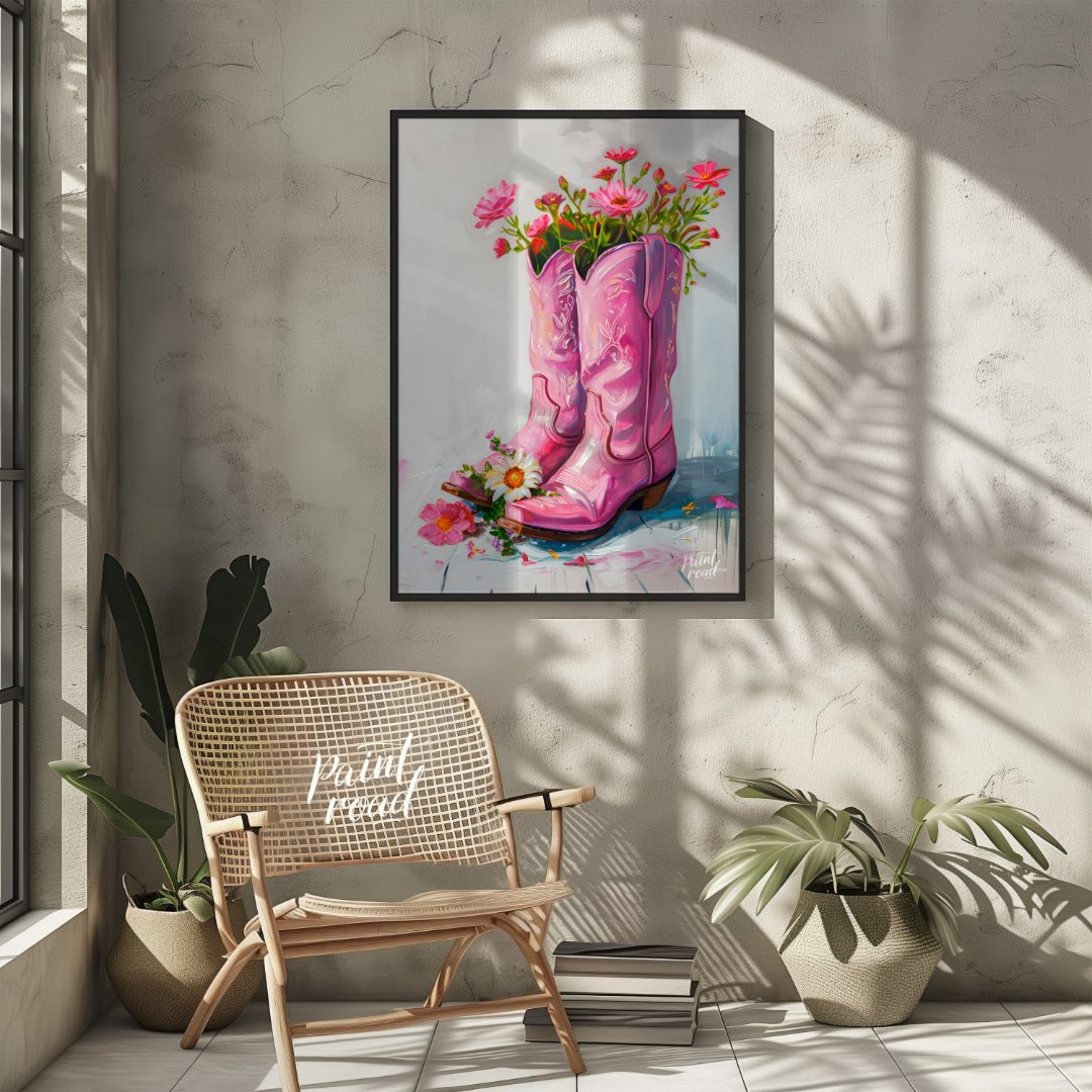This beautiful painting playfully blends rustic charm with feminine elegance. A pair of pink cowboy… for living room