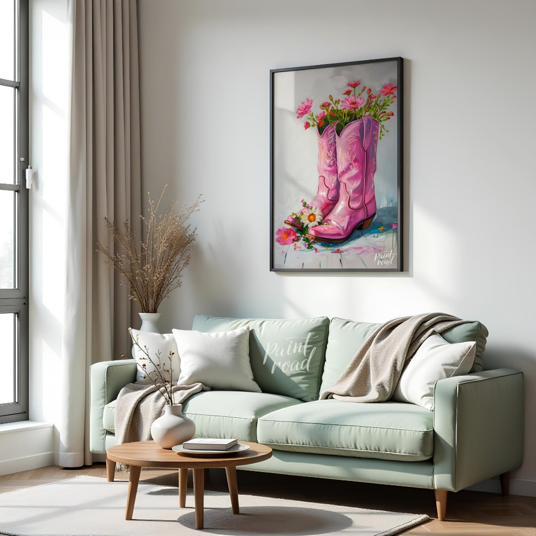 This beautiful painting playfully blends rustic charm with feminine elegance. A pair of pink cowboy… for living room