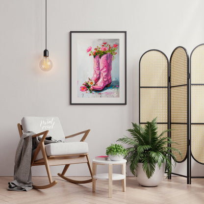 This beautiful painting playfully blends rustic charm with feminine elegance. A pair of pink cowboy… for living room