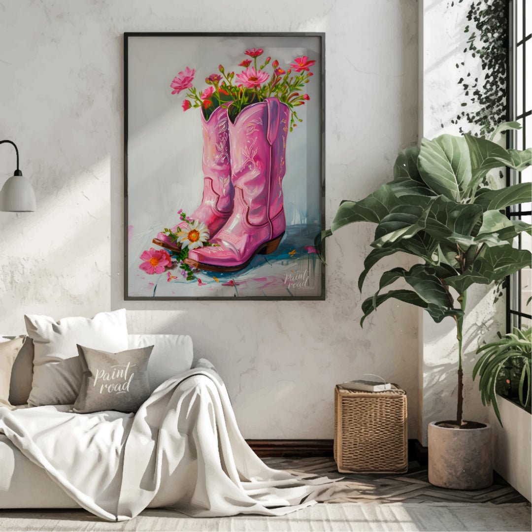 This beautiful painting playfully blends rustic charm with feminine elegance. A pair of pink cowboy… for living room