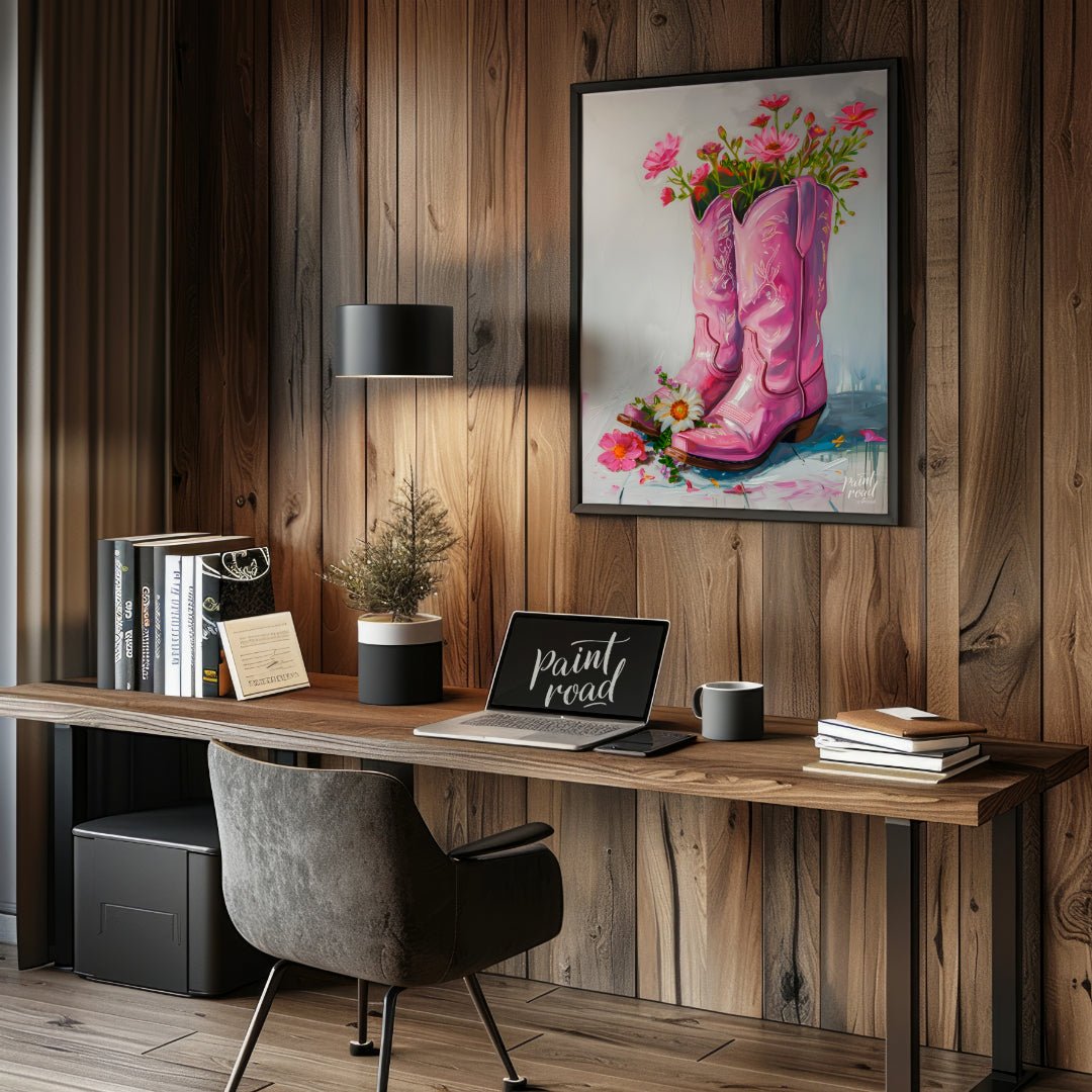This beautiful painting playfully blends rustic charm with feminine elegance. A pair of pink cowboy… for office