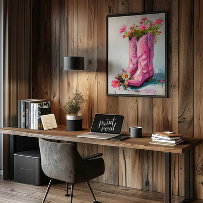 This beautiful painting playfully blends rustic charm with feminine elegance. A pair of pink cowboy… for office