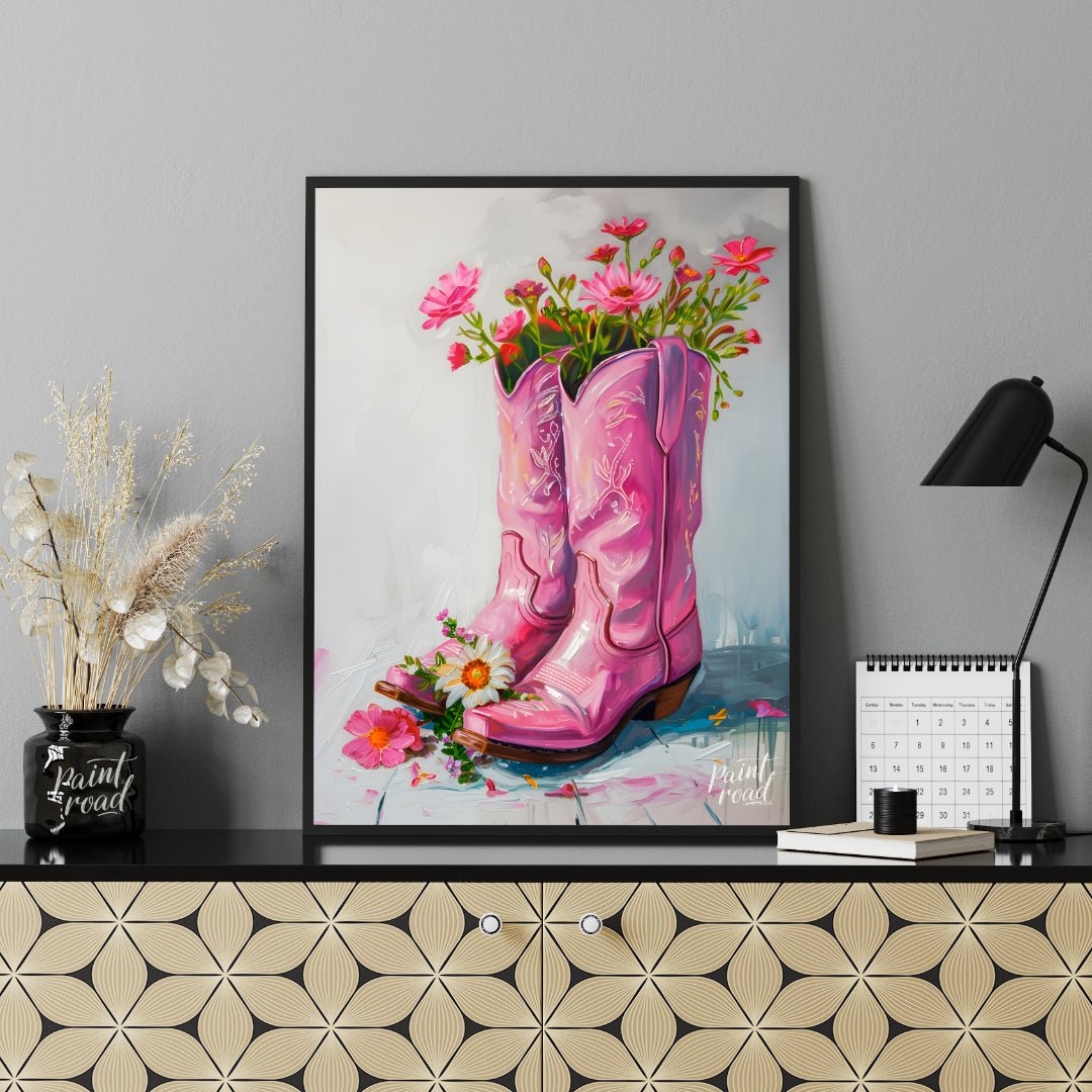 This beautiful painting playfully blends rustic charm with feminine elegance. A pair of pink cowboy… for other