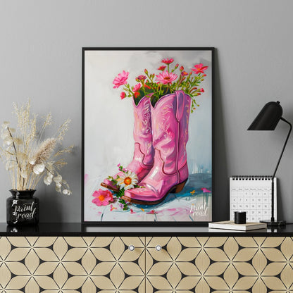 This beautiful painting playfully blends rustic charm with feminine elegance. A pair of pink cowboy… for other