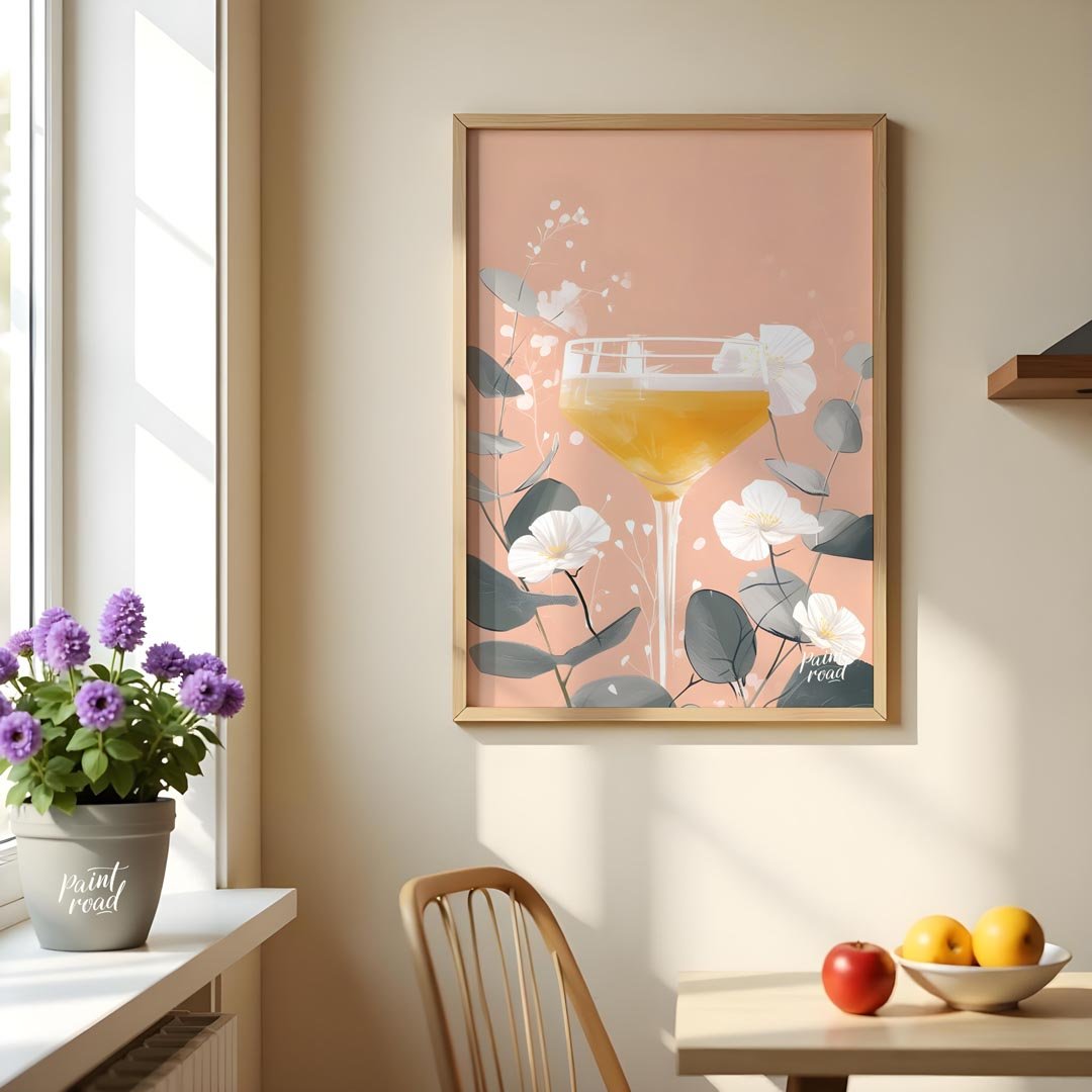 A delicate and elegant illustration of a cocktail adorned with a vibrant bloom. The soft, pastel hu… for dining room