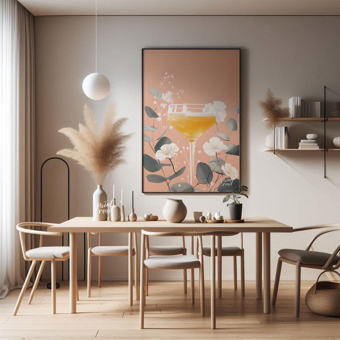 A delicate and elegant illustration of a cocktail adorned with a vibrant bloom. The soft, pastel hu… for dining room