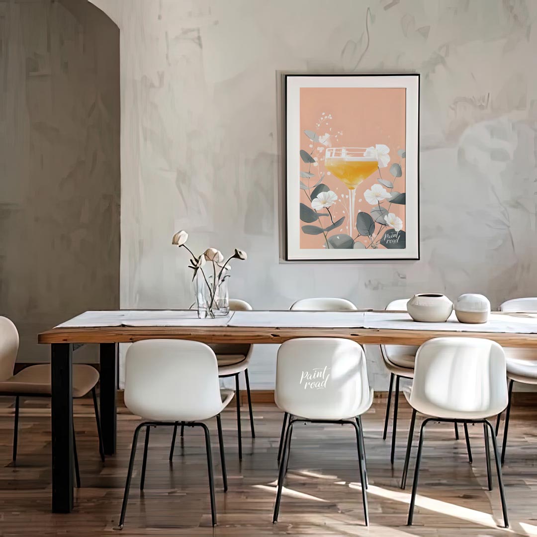 A delicate and elegant illustration of a cocktail adorned with a vibrant bloom. The soft, pastel hu… for dining room