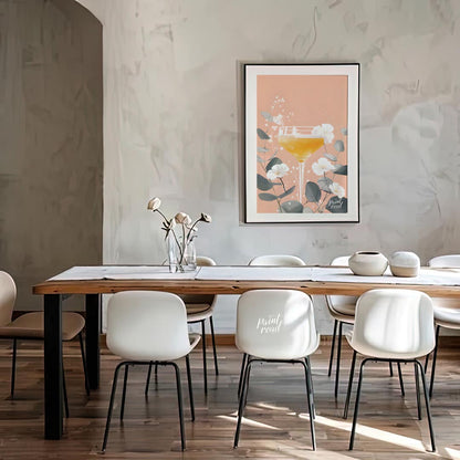 A delicate and elegant illustration of a cocktail adorned with a vibrant bloom. The soft, pastel hu… for dining room