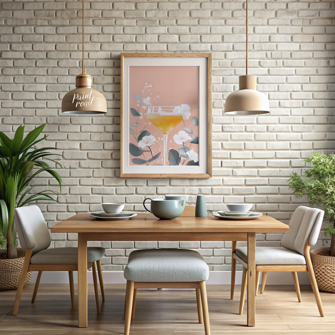 A delicate and elegant illustration of a cocktail adorned with a vibrant bloom. The soft, pastel hu… for dining room