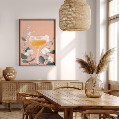 A delicate and elegant illustration of a cocktail adorned with a vibrant bloom. The soft, pastel hu… for dining room