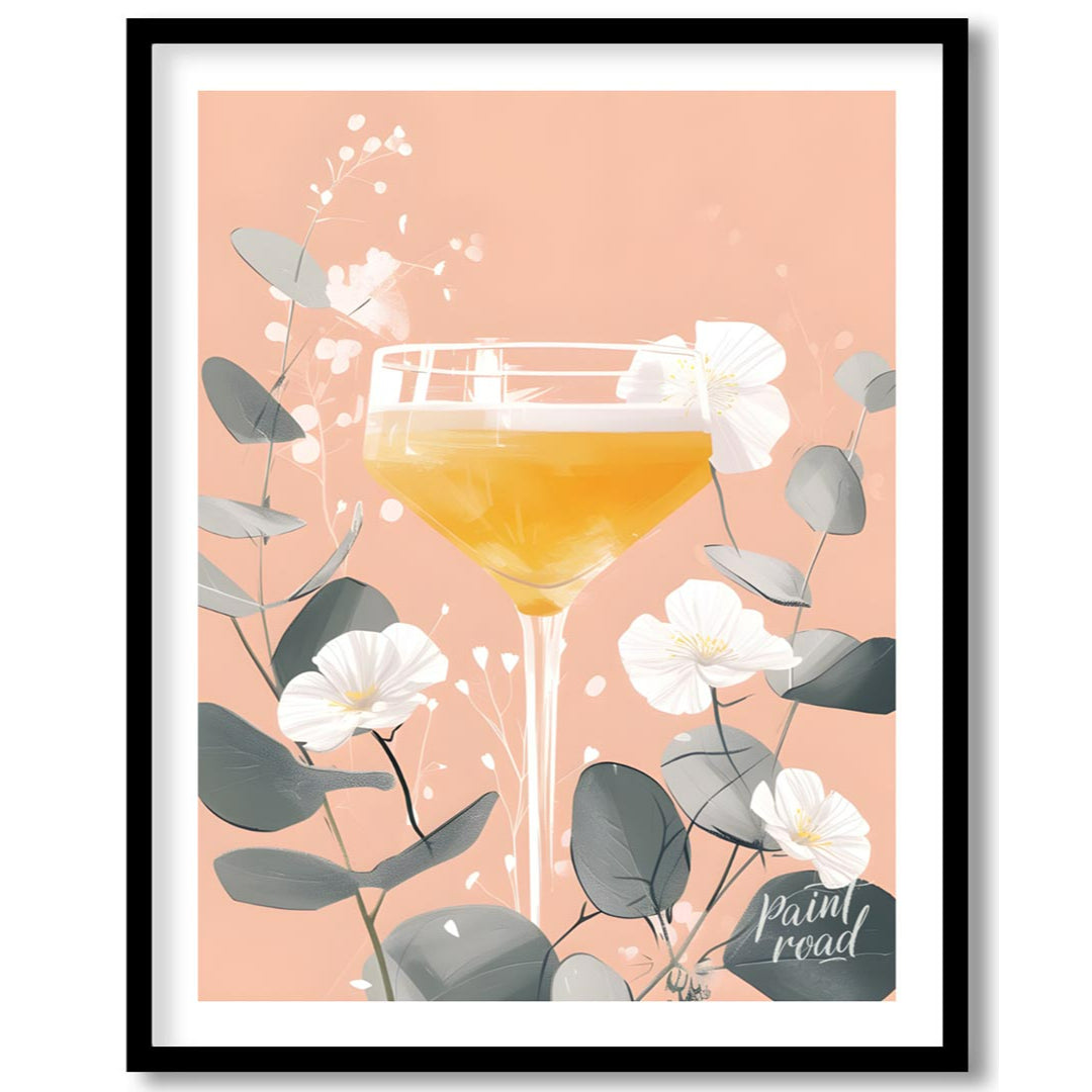 A delicate and elegant illustration of a cocktail adorned with a vibrant bloom. The soft, pastel hu… for house