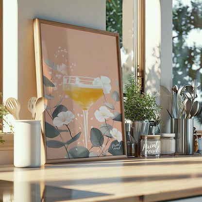 A delicate and elegant illustration of a cocktail adorned with a vibrant bloom. The soft, pastel hu… for kitchen