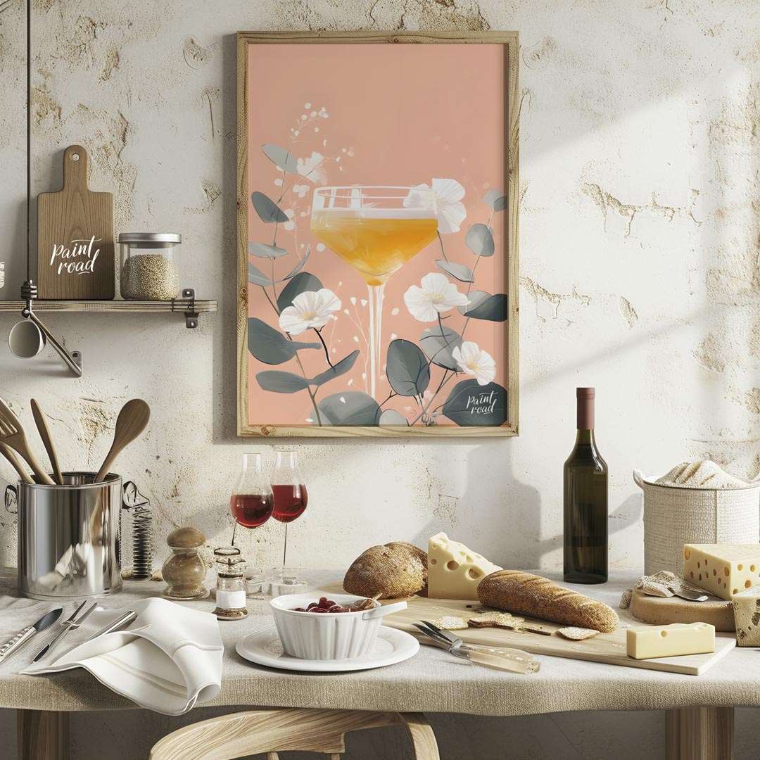 A delicate and elegant illustration of a cocktail adorned with a vibrant bloom. The soft, pastel hu… for kitchen