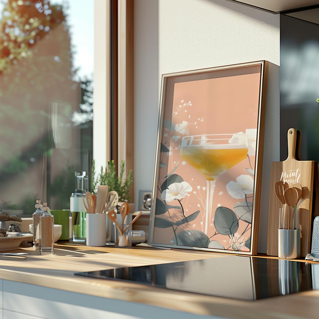 A delicate and elegant illustration of a cocktail adorned with a vibrant bloom. The soft, pastel hu… for kitchen