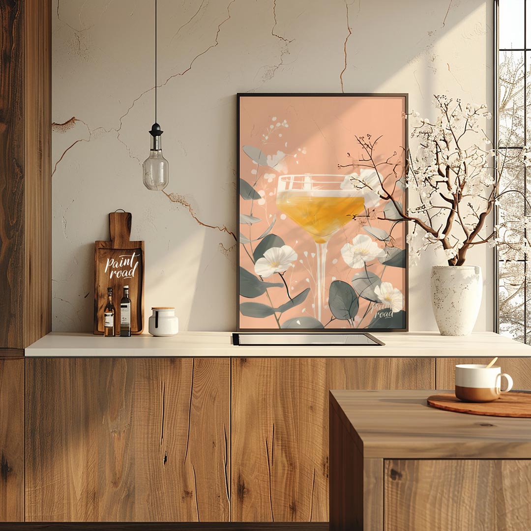 A delicate and elegant illustration of a cocktail adorned with a vibrant bloom. The soft, pastel hu… for kitchen
