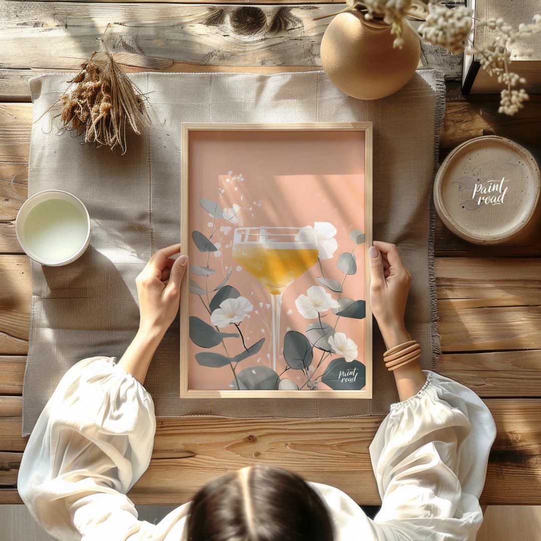 A delicate and elegant illustration of a cocktail adorned with a vibrant bloom. The soft, pastel hu… for other