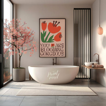 This vibrant digital illustration features stylized, blooming flowers in warm coral and deep green … for bathroom