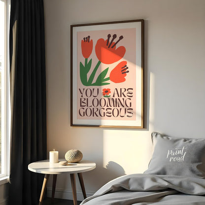 This vibrant digital illustration features stylized, blooming flowers in warm coral and deep green … for bedroom