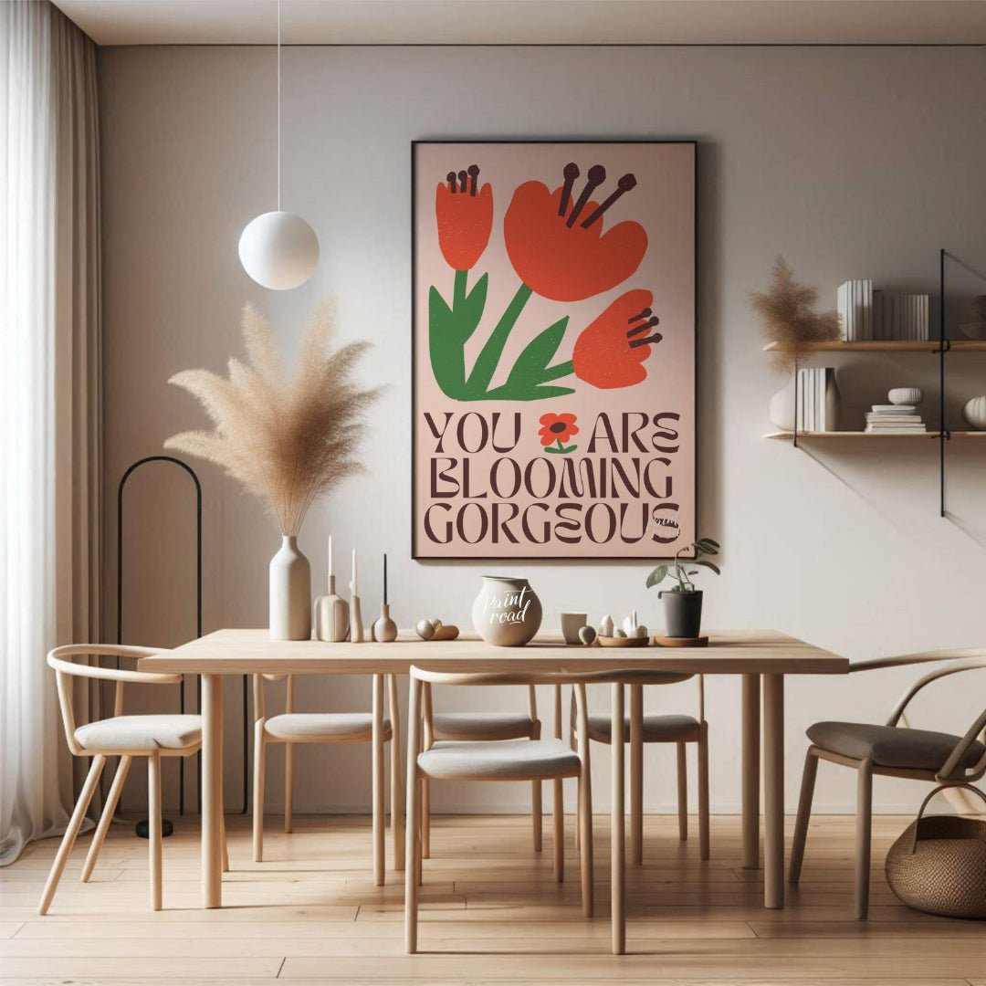This vibrant digital illustration features stylized, blooming flowers in warm coral and deep green … for dining room