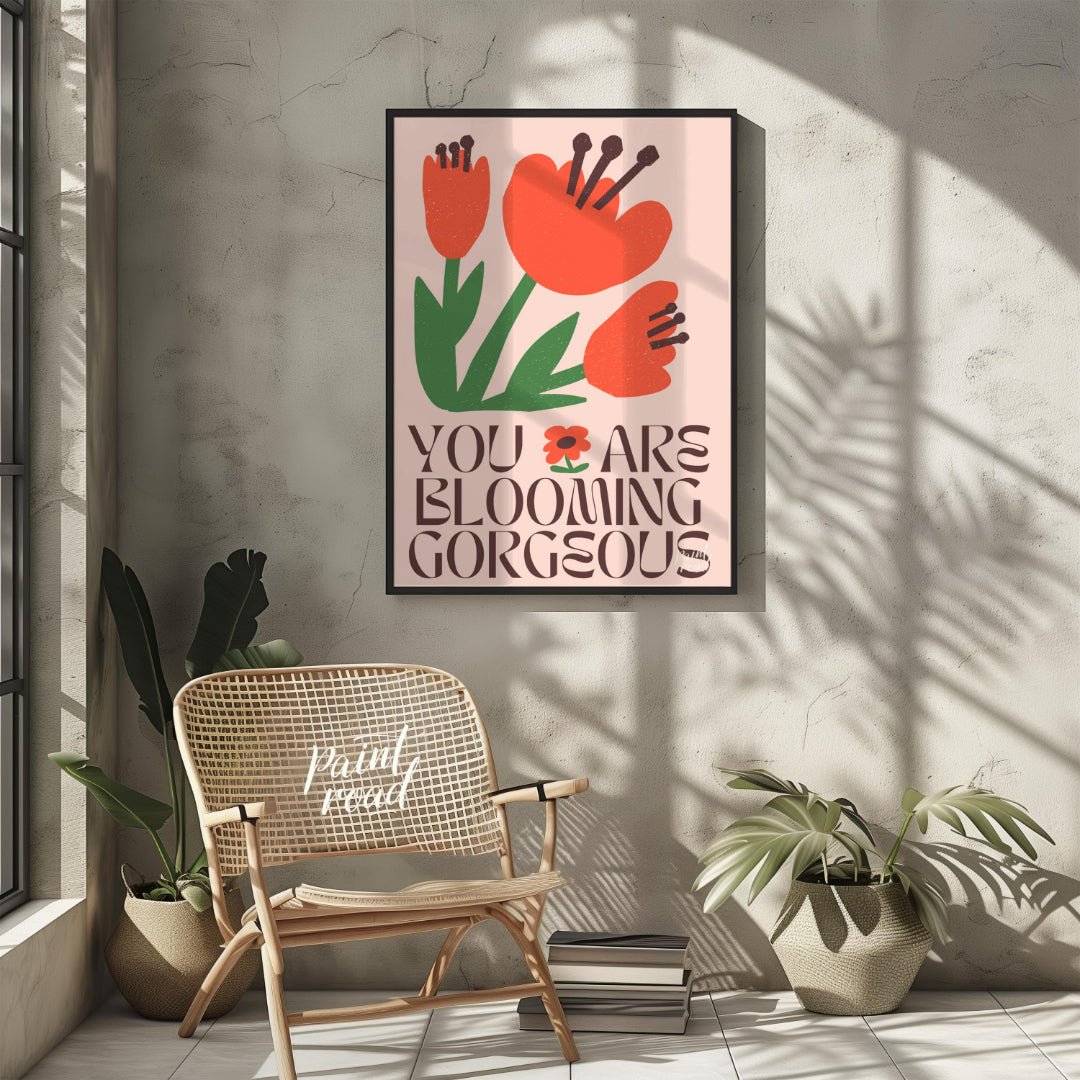 This vibrant digital illustration features stylized, blooming flowers in warm coral and deep green … for living room