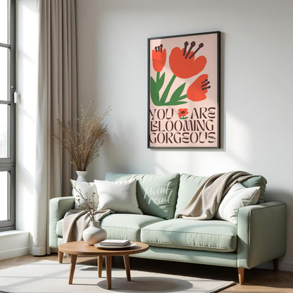 This vibrant digital illustration features stylized, blooming flowers in warm coral and deep green … for living room