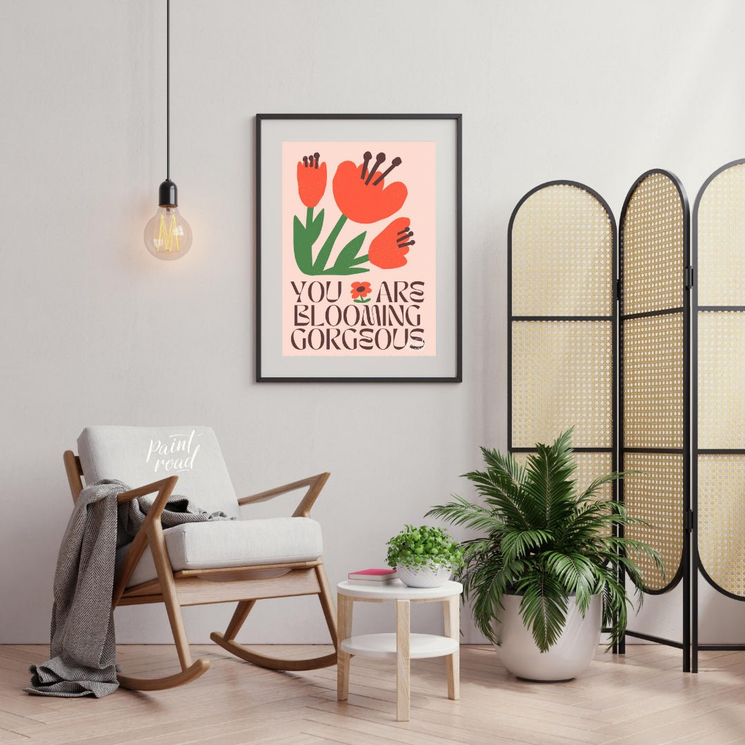 This vibrant digital illustration features stylized, blooming flowers in warm coral and deep green … for living room