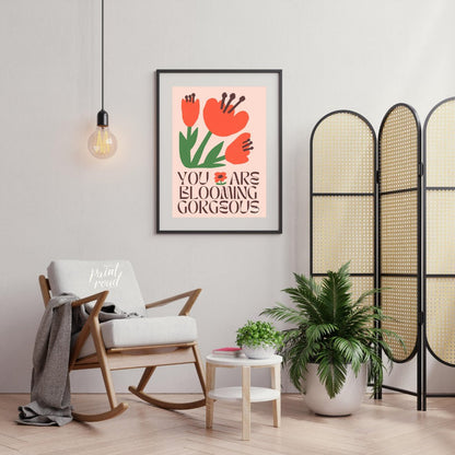 This vibrant digital illustration features stylized, blooming flowers in warm coral and deep green … for living room