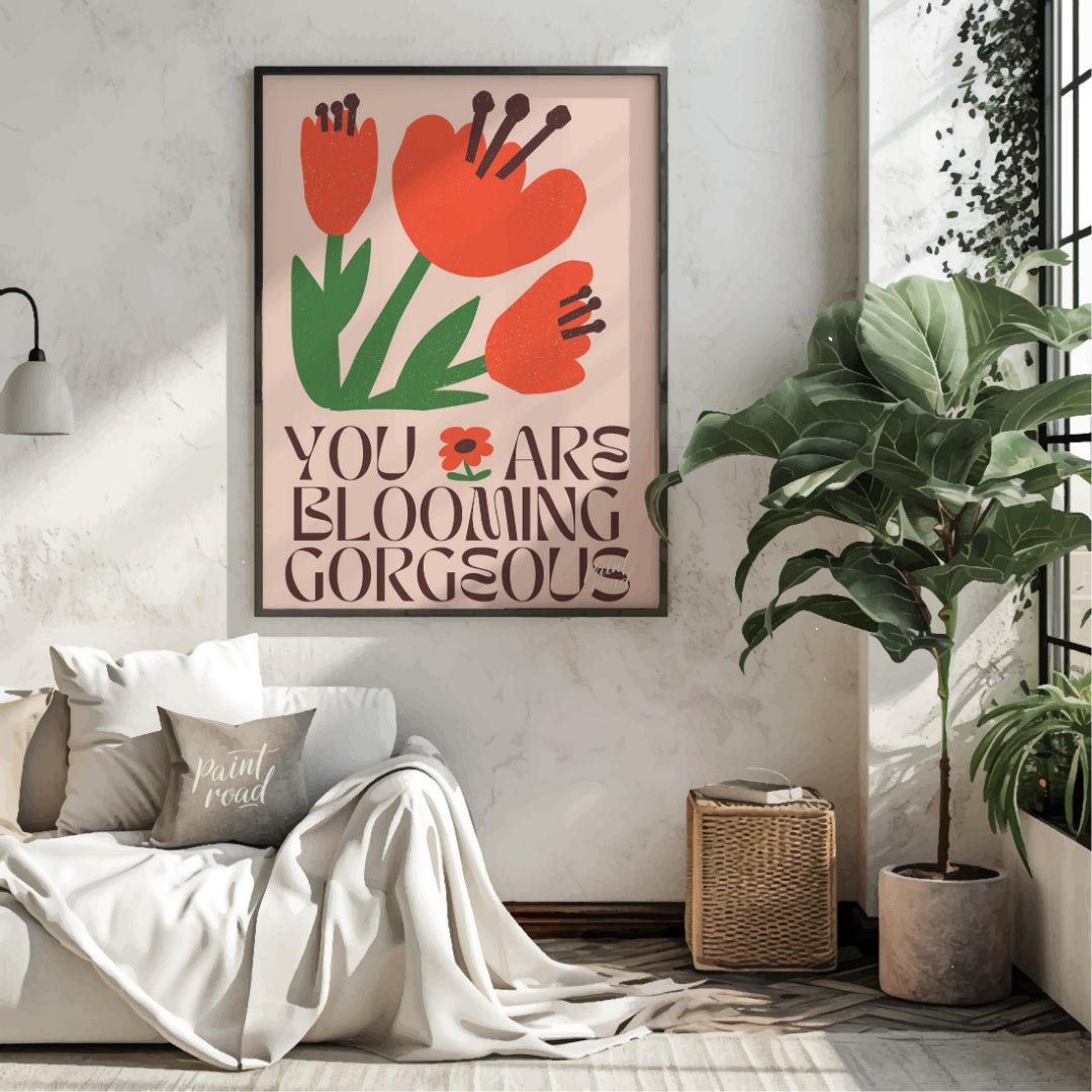 This vibrant digital illustration features stylized, blooming flowers in warm coral and deep green … for living room